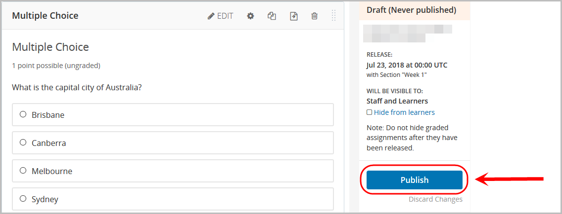 publish button selected within unit